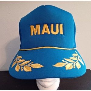 VTG 80s 90s Maui Hawaii Gold Leaf Blue Snapback Trucker Hat Cap Foam Mesh Rope